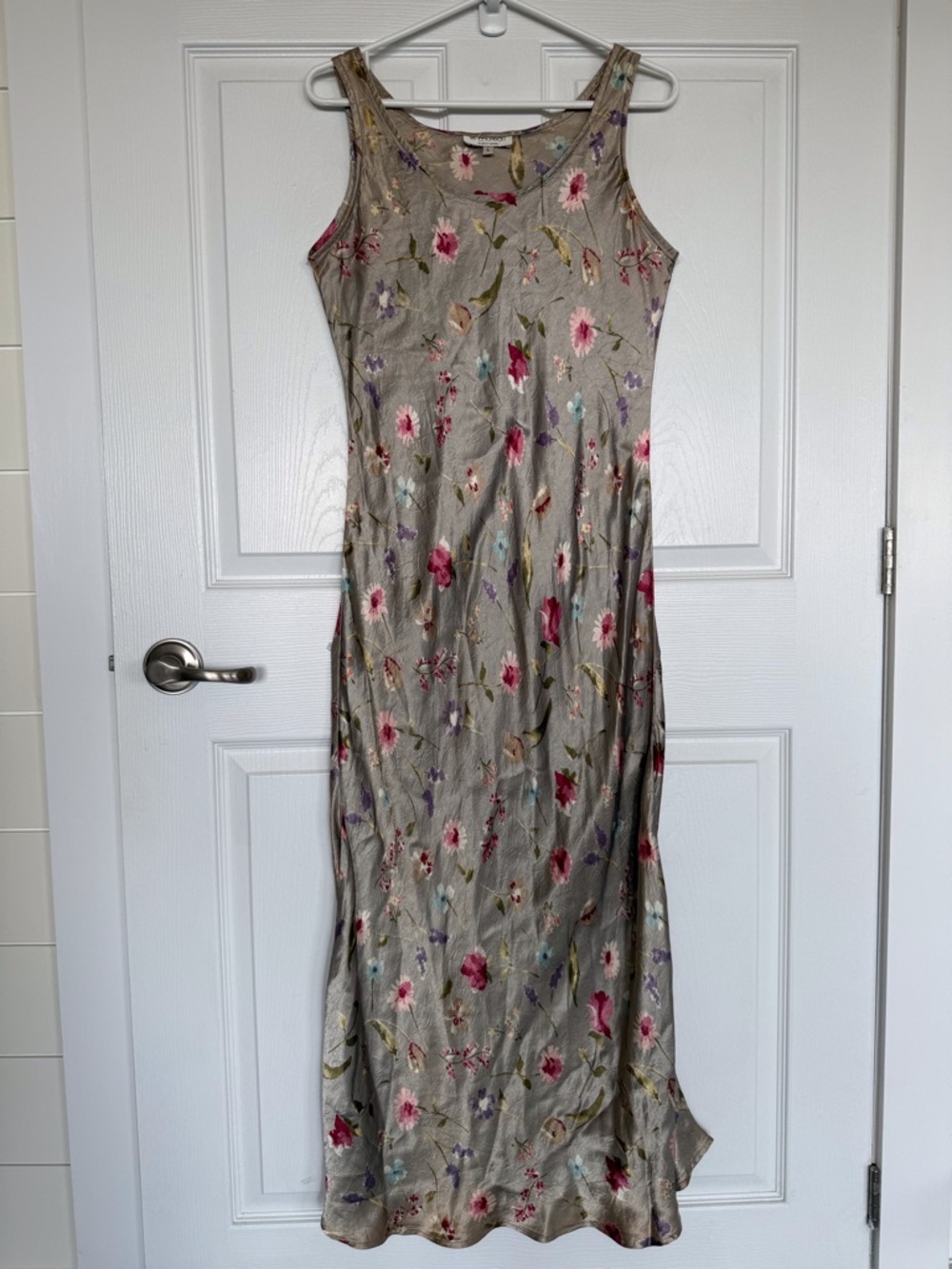Vintage le Chateau maxi slip dress bias cut taupe floral satiny flowy stunning